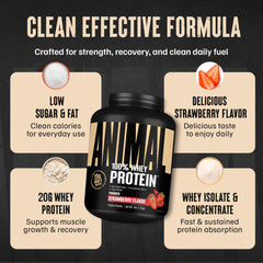 Etiqueta nutricional de Animal Whey fresa con información de proteínas y BCAA clara