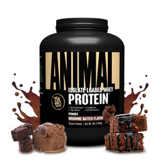 Animal Whey Isolate frente del envase Brownie Batter, diseño y tamaño visibles beneficiando la confianza de compra