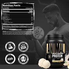 Animal Whey uso en gimnasio junto a toalla y pesa, práctico para rutina post-entreno