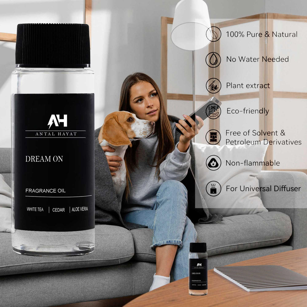 Dream On packaging and bottle on a shelf for hotel-like home fragrance.