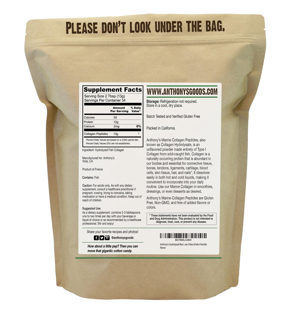 Anthony's Colágeno Marino Hidrolizado envase 1lb, práctico para dosis diarias.