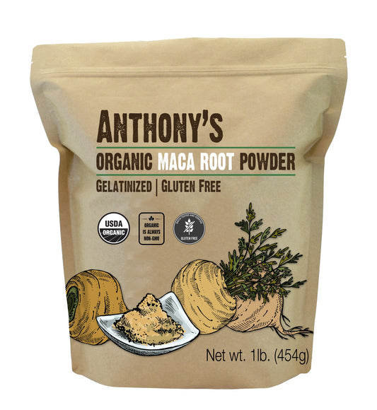 Anthony's Maca root powder canister with gelatinized formula for easy blending