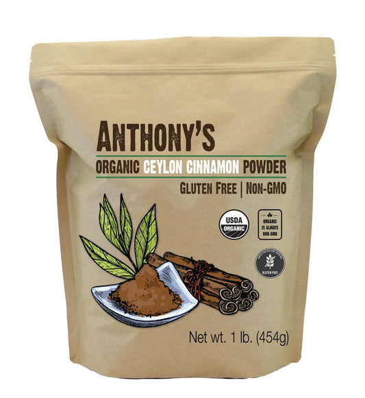 Anthony's Organic Ceylon Cinnamon Powder jar packaging highlights purity and gluten-free quality.