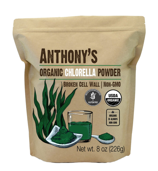 Anthony's Organic Chlorella Powder bottle pouring into a smoothie for greens boost