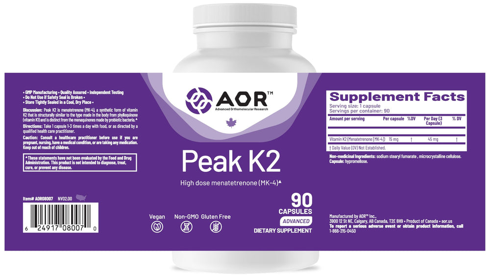 AOR Peak K2 embalaje con prospecto, información y almacenamiento seguro