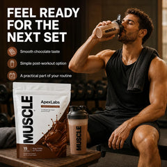 Apex Labs Muscle primer plano de ingredientes y calidad aparente del polvo