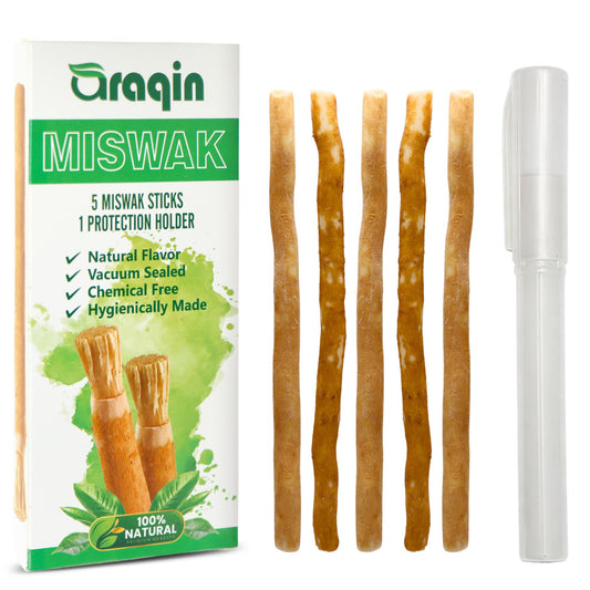 ARAQIN empaque frontal del pack miswak, presentación lista para viajar y fresca