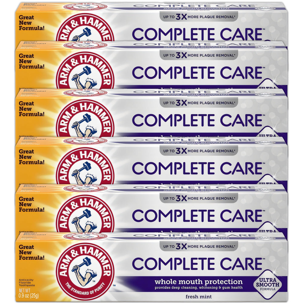 Arm & Hammer vista frontal del paquete con 6 tubos, práctico para viajes
