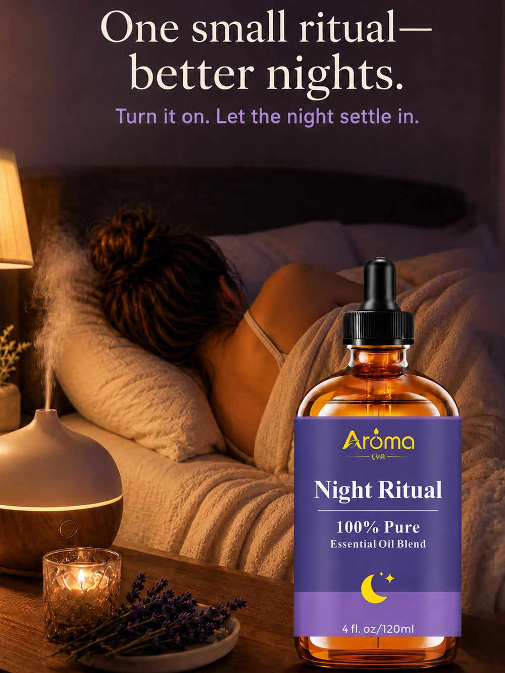 AromaLYA en escena de dormitorio iluminado transmitiendo calma para la rutina nocturna