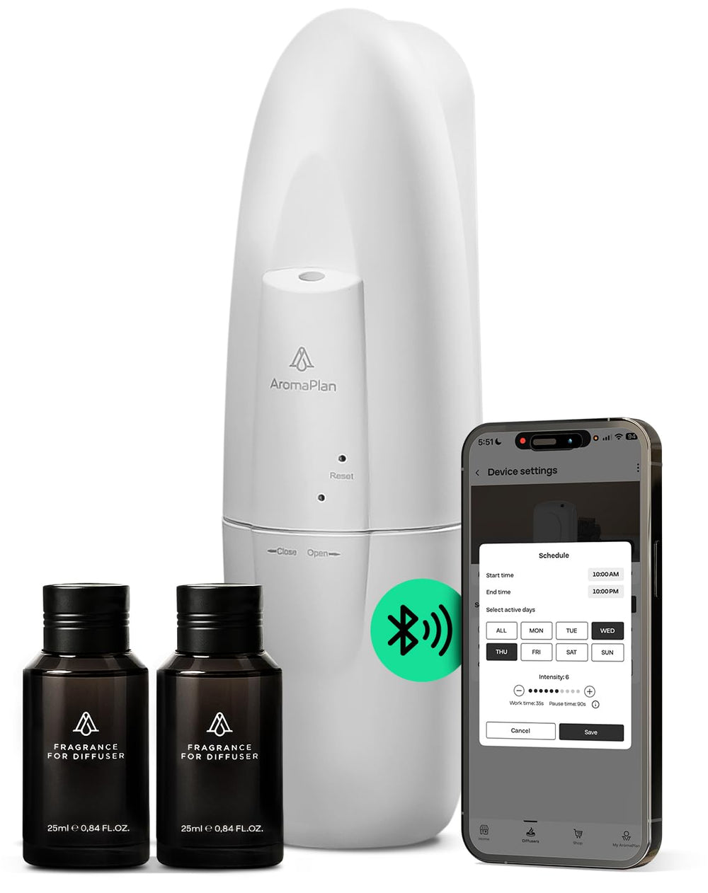 AROMAPLAN difusor frontal mostrando diseño compacto y fácil instalación