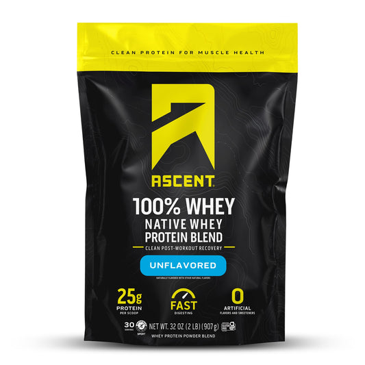 Envase Ascent 100% Whey Protein sin sabor mostrando diseño frontal y beneficios
