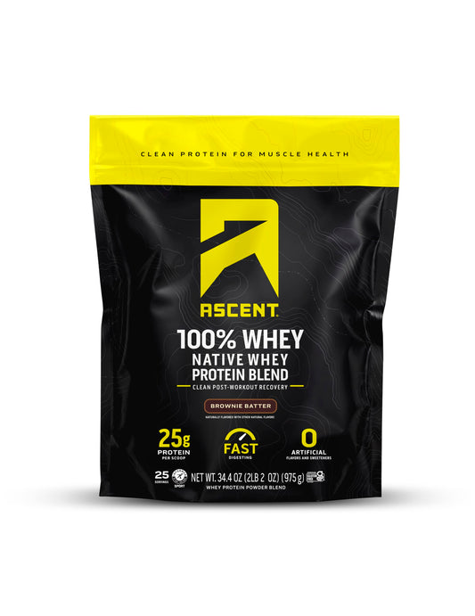 Ascent empaque frontal Brownie Batter mostrando etiqueta y beneficios