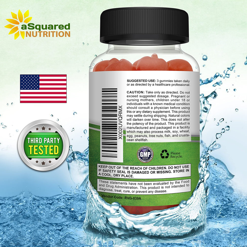aSquared Nutrition gomita junto a moneda para comparar tamaño y dosificación