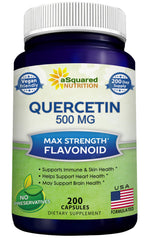 aSquared Nutrition frasco frontal de quercetina 500 mg, presentación clara y beneficios