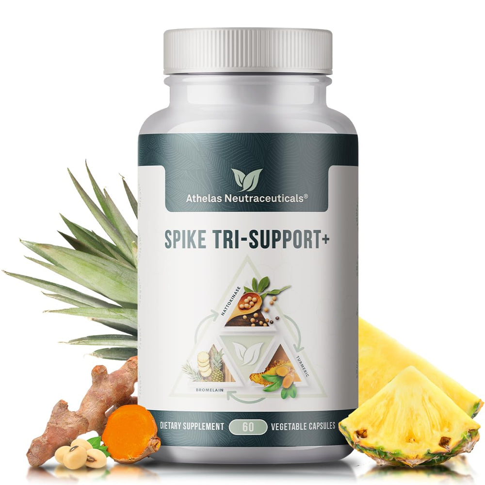 Athelas Neutraceuticals frasco principal de Spike Tri-Support+ mostrando etiqueta clara y beneficios