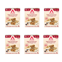 Atkins frente del empaque mostrando sabor blueberry y beneficios proteicos