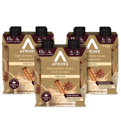 Atkins envase frontal de Chai Tea Latte mostrando aspecto apetitoso y conveniencia