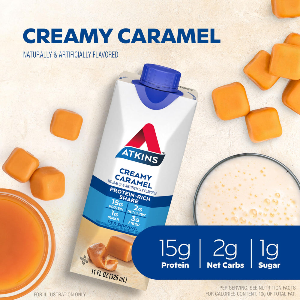 Atkins envase en primer plano destacando sabor cremoso y práctico