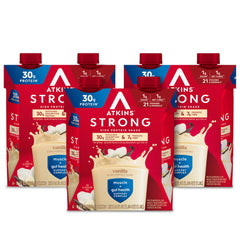 Atkins envase frontal sabor vainilla mostrando marca y beneficio alto en proteína