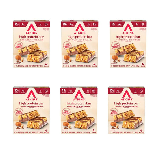 Atkins frontal embalaje mostrando paquete de 24 barras y conveniencia