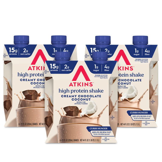 Atkins empaque frontal cremoso chocolate coco mostrando marca y beneficios