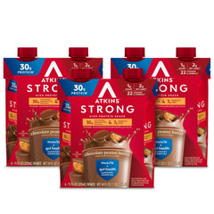 Atkins paquete frontal mostrando sabor chocolate mantequilla de cacahuete y conveniencia