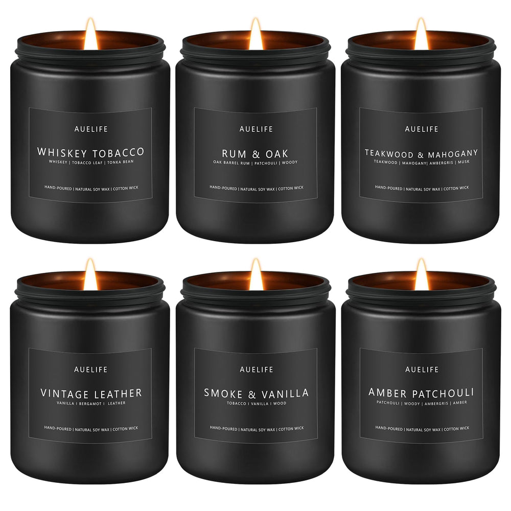 Auelife pack frontal de seis velas masculinas mostrando variedad aromática y presentación elegante