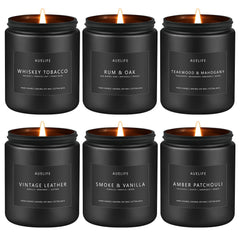 Auelife pack frontal de seis velas masculinas mostrando variedad aromática y presentación elegante