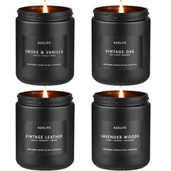 Auelife set frontal con cuatro velas de cera de soya mostrando presentación elegante y regalo