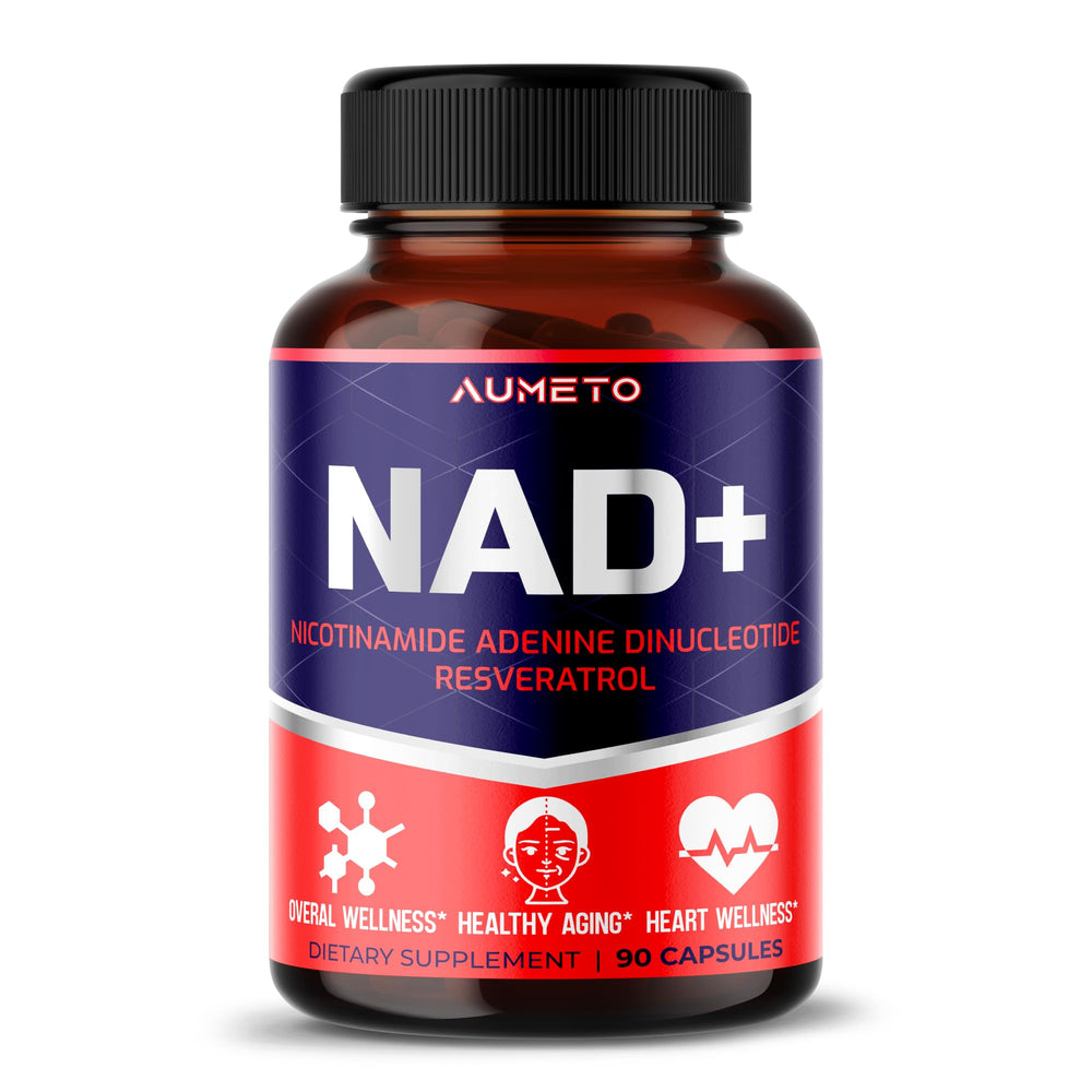 AUMETO NAD+ frontal del envase mostrando etiqueta clara y beneficio de energía