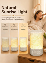AuroraCalm luz de amanecer activada simulando un despertar natural en la mesita