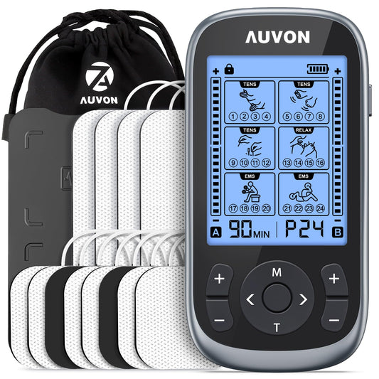 AUVON vista frontal del estimulador portátil con controles claros y beneficios de portabilidad