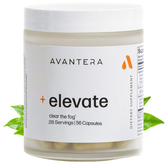 Avantera Elevate vista frontal del frasco con cápsulas, promete enfoque natural