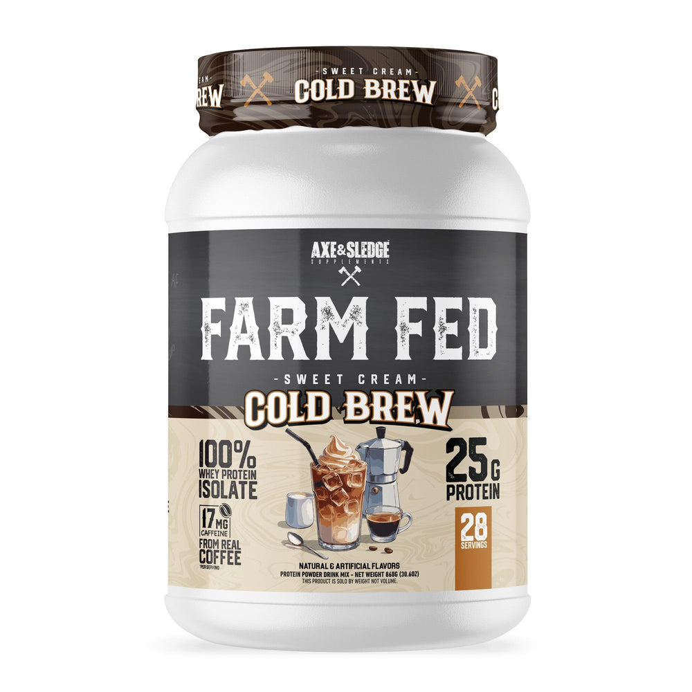 Axe & Sledge frontal del envase Farm Fed mostrando el diseño y beneficios visibles