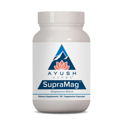 Ayush Herbs frasco SupraMag al frente con etiqueta clara y beneficios visibles