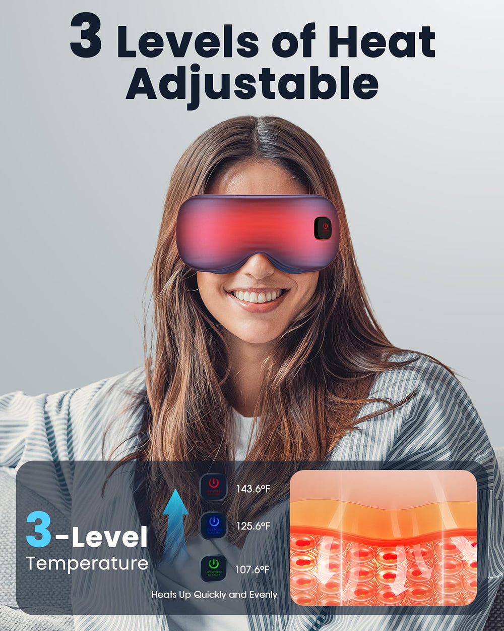 Azang eye mask with three temperature settings for personalized relaxation.