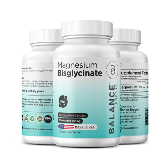 Balancebreens Magnesium Bisglicinato 200 mg, botella visible, absorción suave para uso diario.