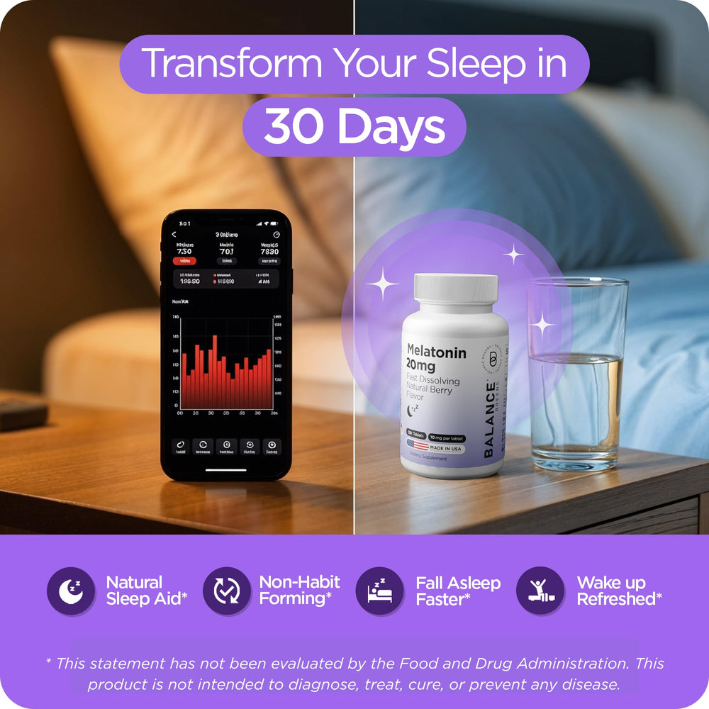 Close-up of Balancebreens melatonin label showing 20 mg strength.