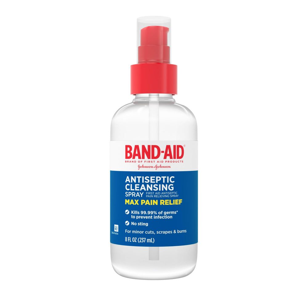 Band-Aid envase frontal mostrando spray y volumen, facilita identificación y uso