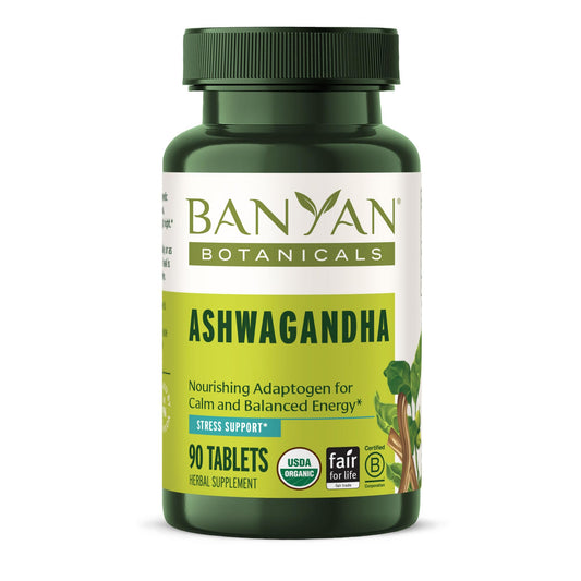 Banyan Botanicals frente del empaque mostrando certificaciones y beneficio orgánico