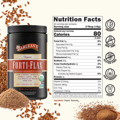 Barlean's Forti‑Flax etiquetas de certificación orgánica y Non‑GMO visibles
