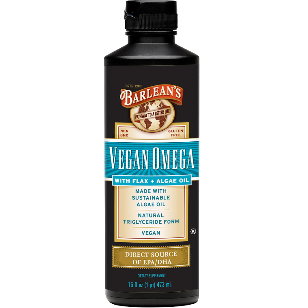 Barlean's botella frontal de 16 oz con aceite vegano omega, fácil dosificación