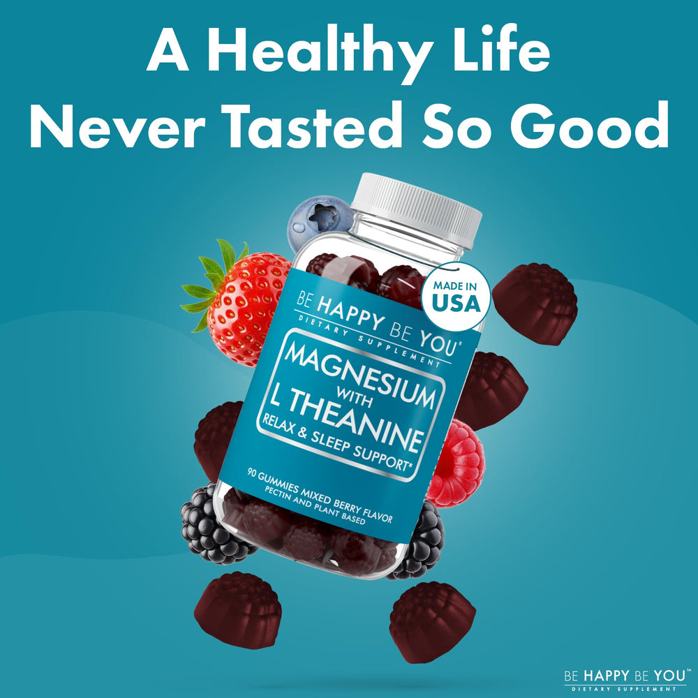 Be Happy Be You empaque y frasco en escenario de vida saludable y minimalista