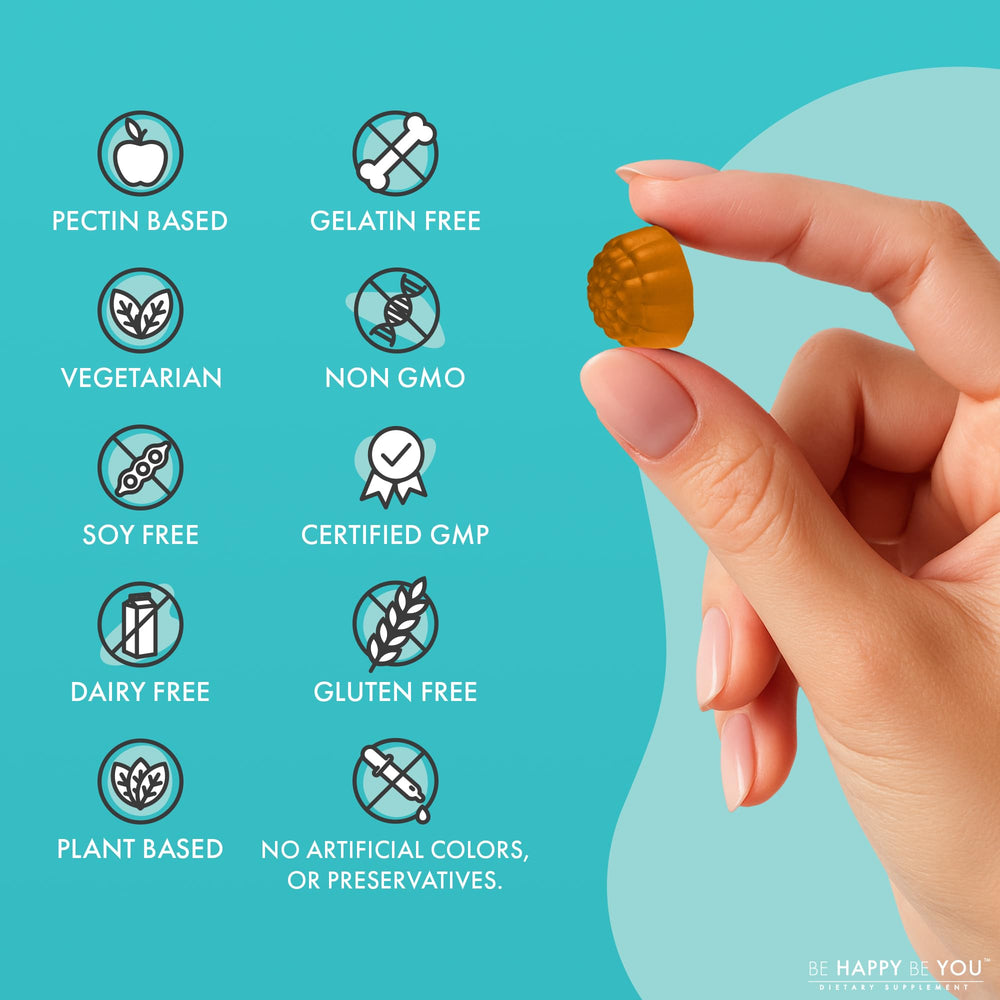 Be Happy Be You mano sosteniendo una gominola para ilustrar dosis conveniente