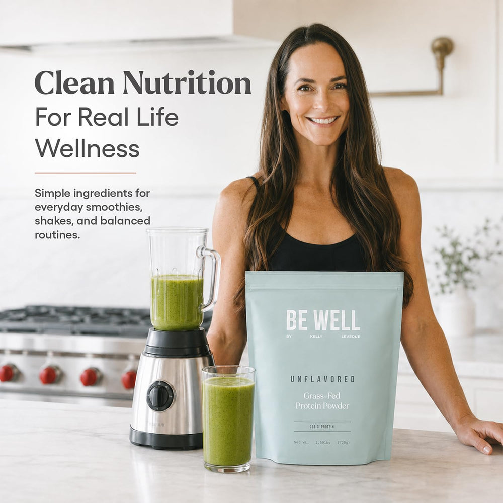 Be Well by Kelly etiqueta con origen grass-fed y beneficios de calidad