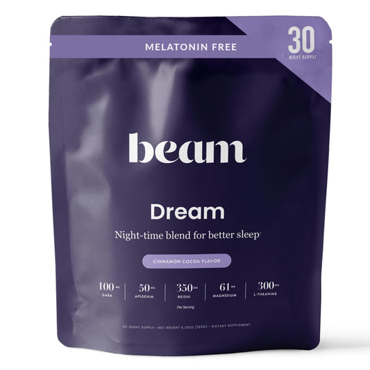 BEAM envase frontal del polvo Dream mostrando diseño y beneficios