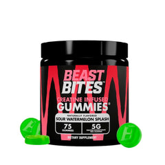 BEAST BITES frasco frontal sobre fondo blanco mostrando 75 gominolas y beneficios