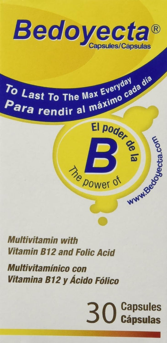 Bedoyecta frasco frontal mostrando etiqueta y 50 cápsulas, práctica y compacta