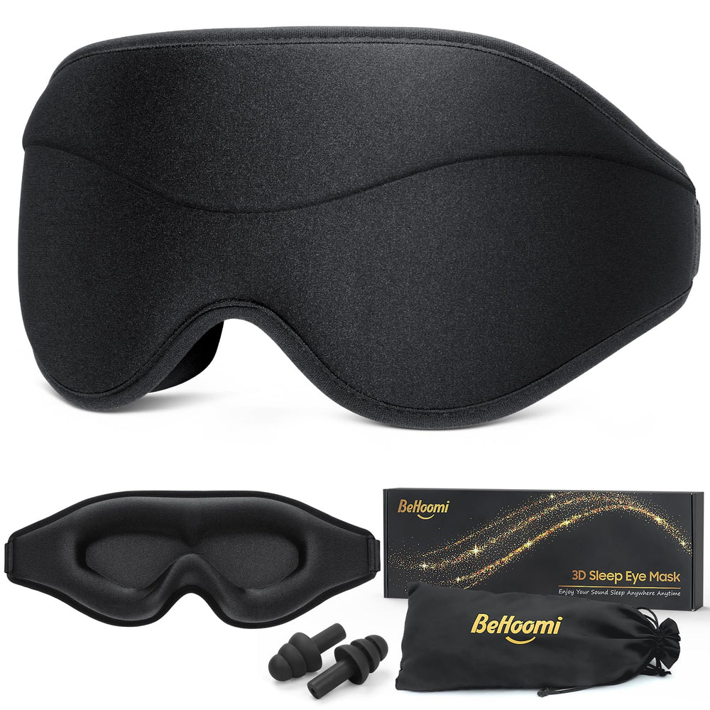 BeHoomi mascarilla frontal en negro muestra bloqueo de luz completo