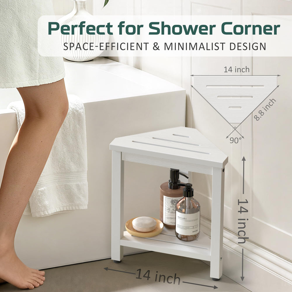 BEKVEM taburete colocado en esquina de ducha demostrando ajuste y ahorro de espacio